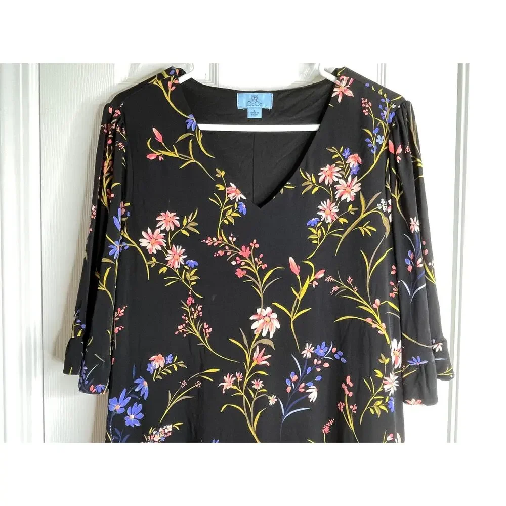 Floral V-Neck Ruffle Hem Dress - Black - Picture 4 of 10
